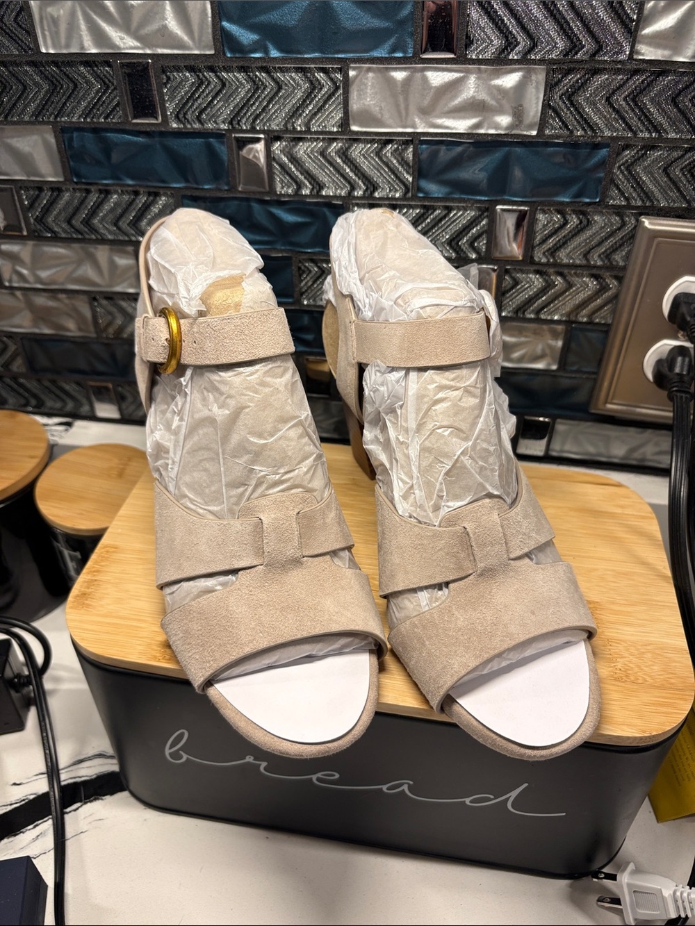 Giani Bernini Women's Beige Suede Open-Toe Heels with Gold Buckle